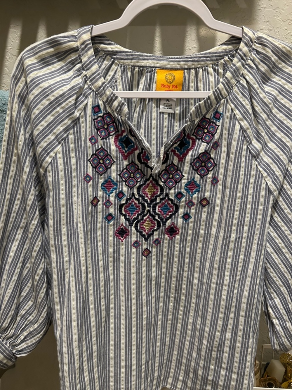 Ruby Rd. Blue & White Striped Tunic with Multicolor Embroidery